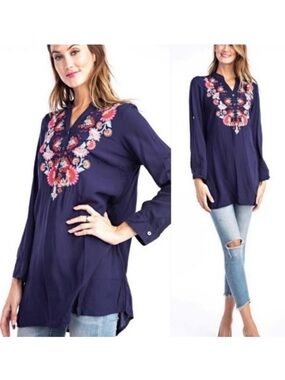 Embroidered V-Neck Navy Tunic Top - Women's Long Sleeve